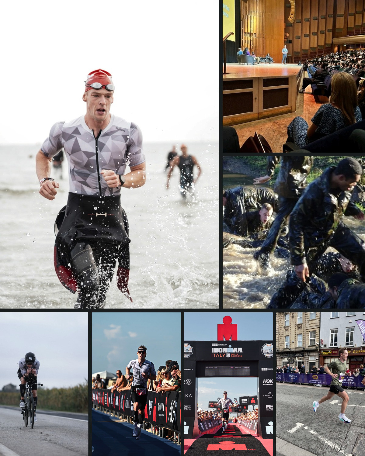 Documentary photographs of open-water racing, public speaking, military training, cycling and running